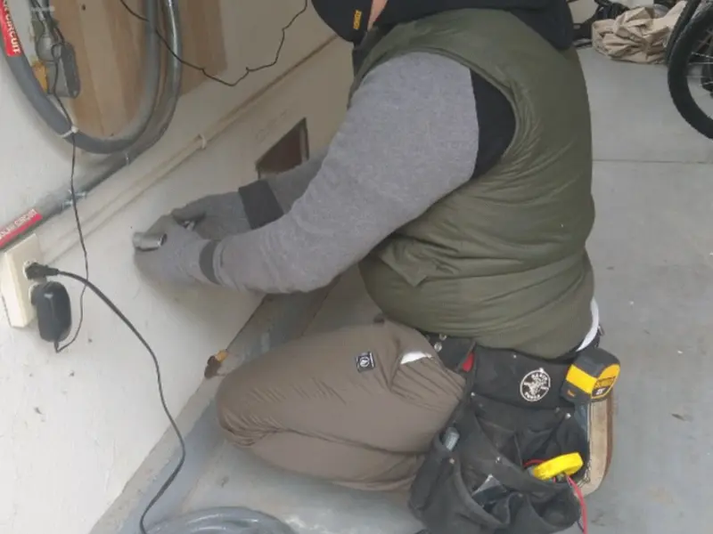 Electrician performing outlet wiring in a Falls Church garage